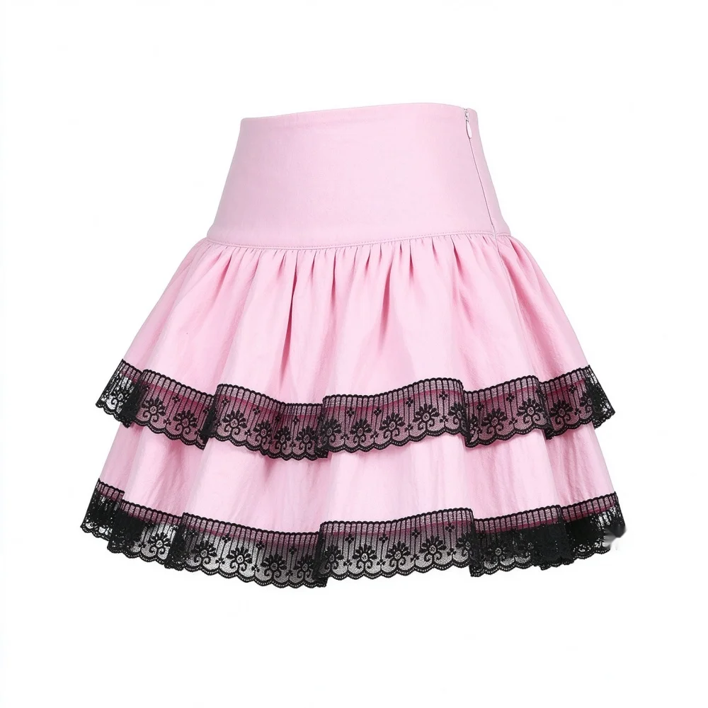 Women Vintage Gothic A-line Skirt Pink Double Lace Stitched Design Harajuku Academy Style Sweet Casual Skirt Daily Street Wear