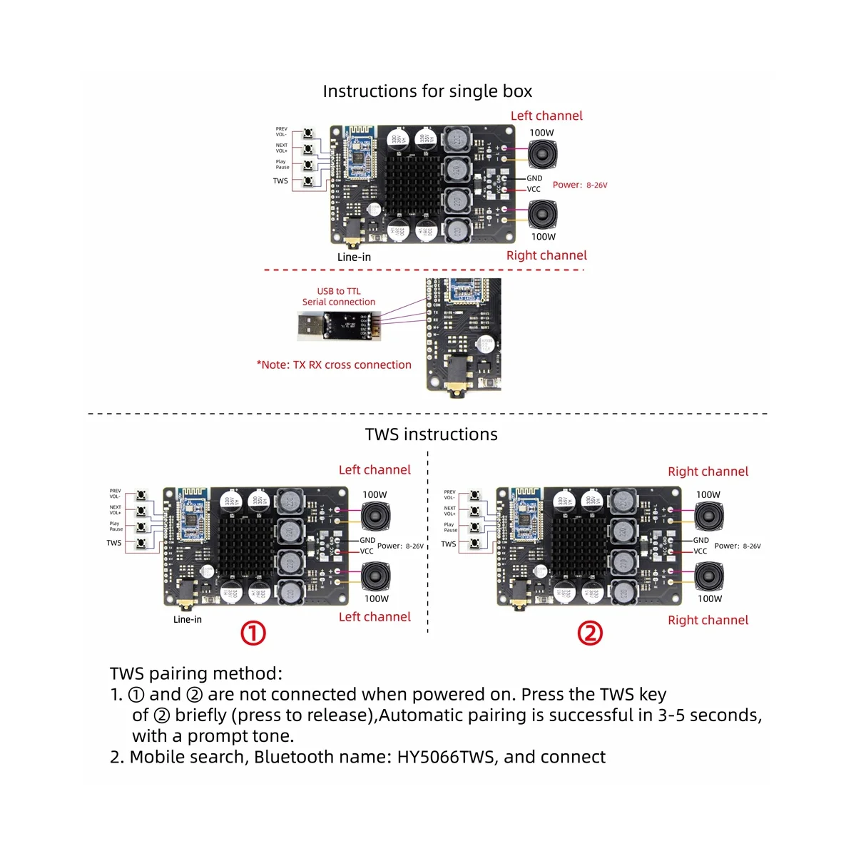 TWS-オーディオボードアンプ,Bluetoothレシーバー,8オームスピーカー,2x100w,80w,csra64215 5.0