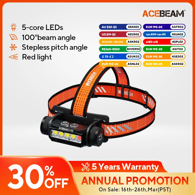 ACEBEAM H35 led headlamp 5 cores high efficiency leds 2600 lumen 170 meters wide beam angle stepless pitch angle headlamp