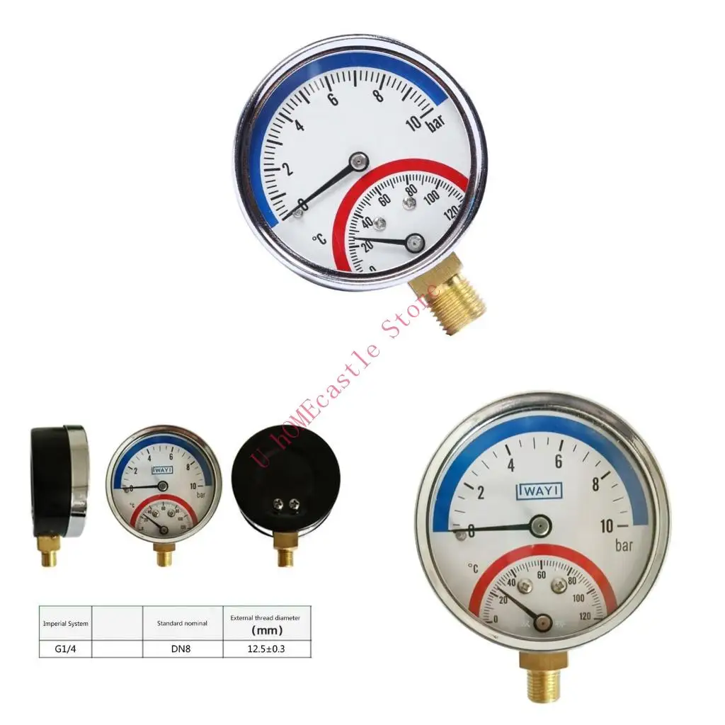 63HF Reliable 4 Thread Temperature & Pressure Gauge 0-120 ℃ 0-10 Bar Measuring Fitting for Floor Heating System