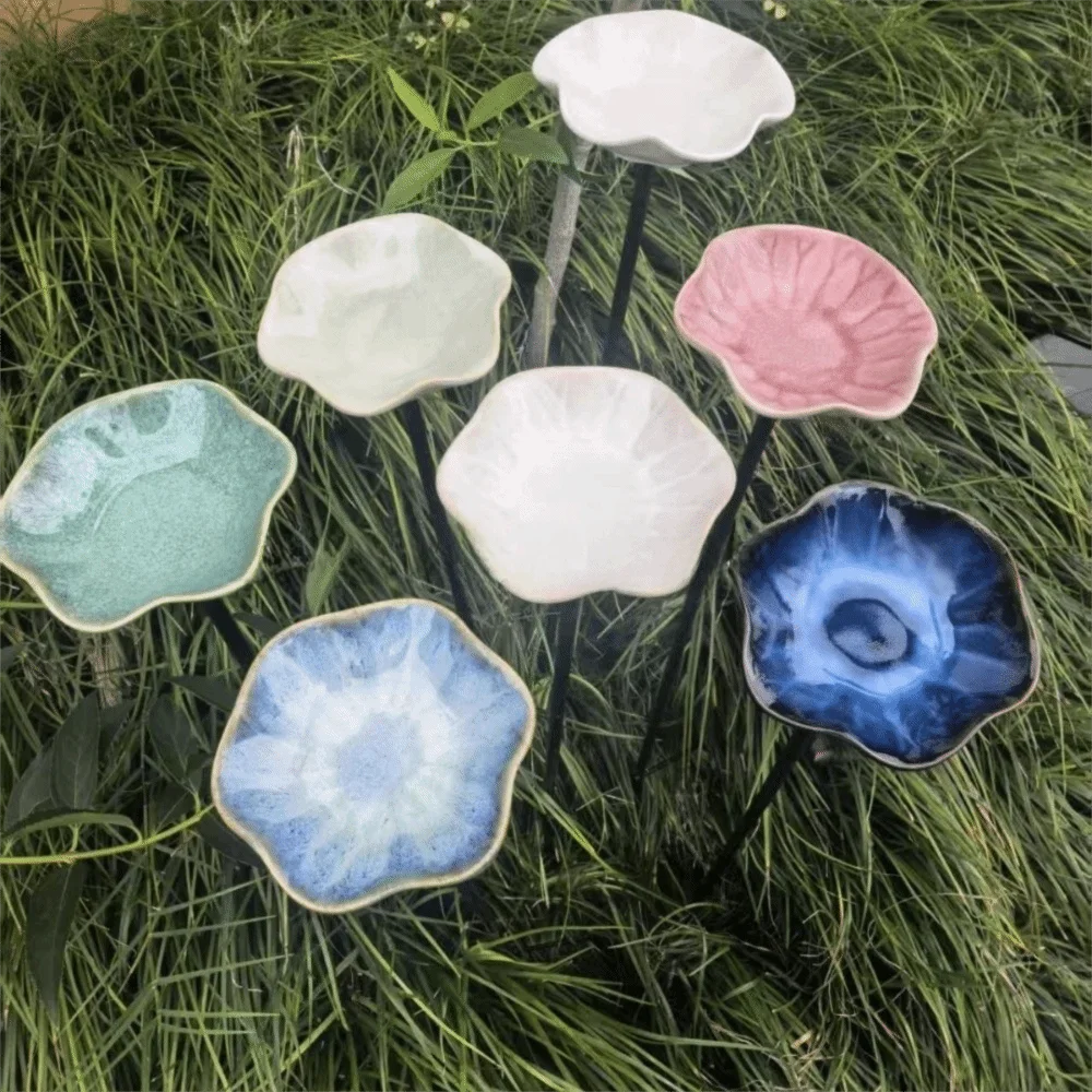 Ceramic Bee Butterfly Water Feeder Watering Station Decoration Flower Garden Stake Ground Insert Creative Bird Feeder Tray