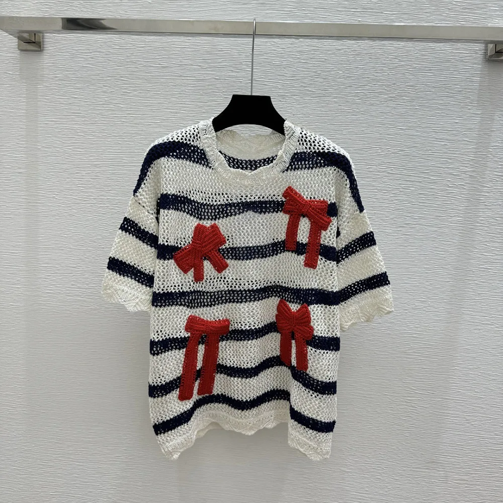

High-quality 2026 new style women's summer fashion round-neck striped short-sleeved top, with bow decoration xy26415248