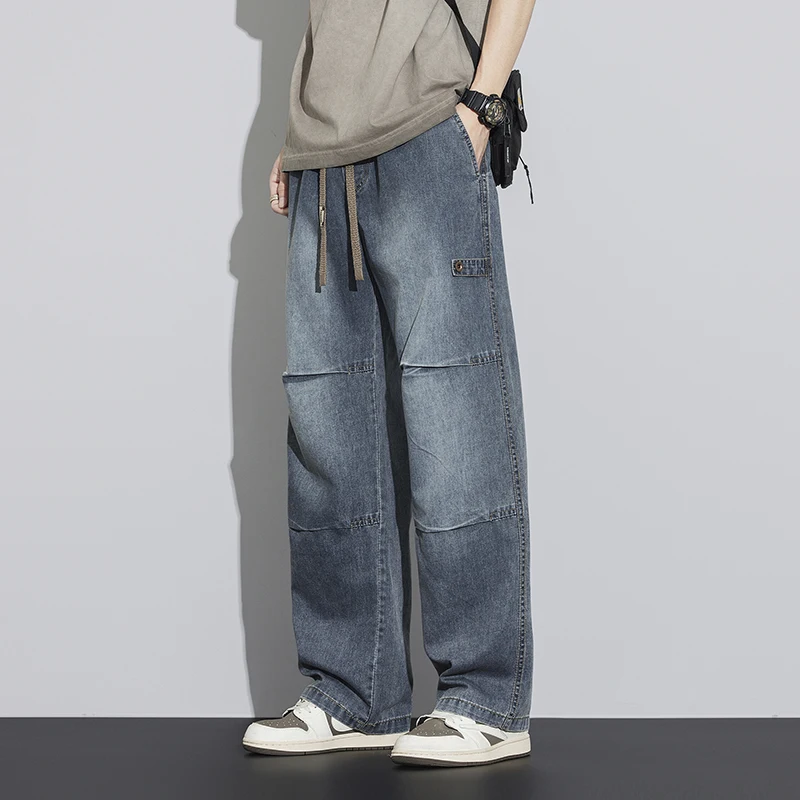 2026 New Japanese Style Textured Grid Men's Jeans Plus Size Loose Straight Vintage Washed Casual Daily Denim Pants