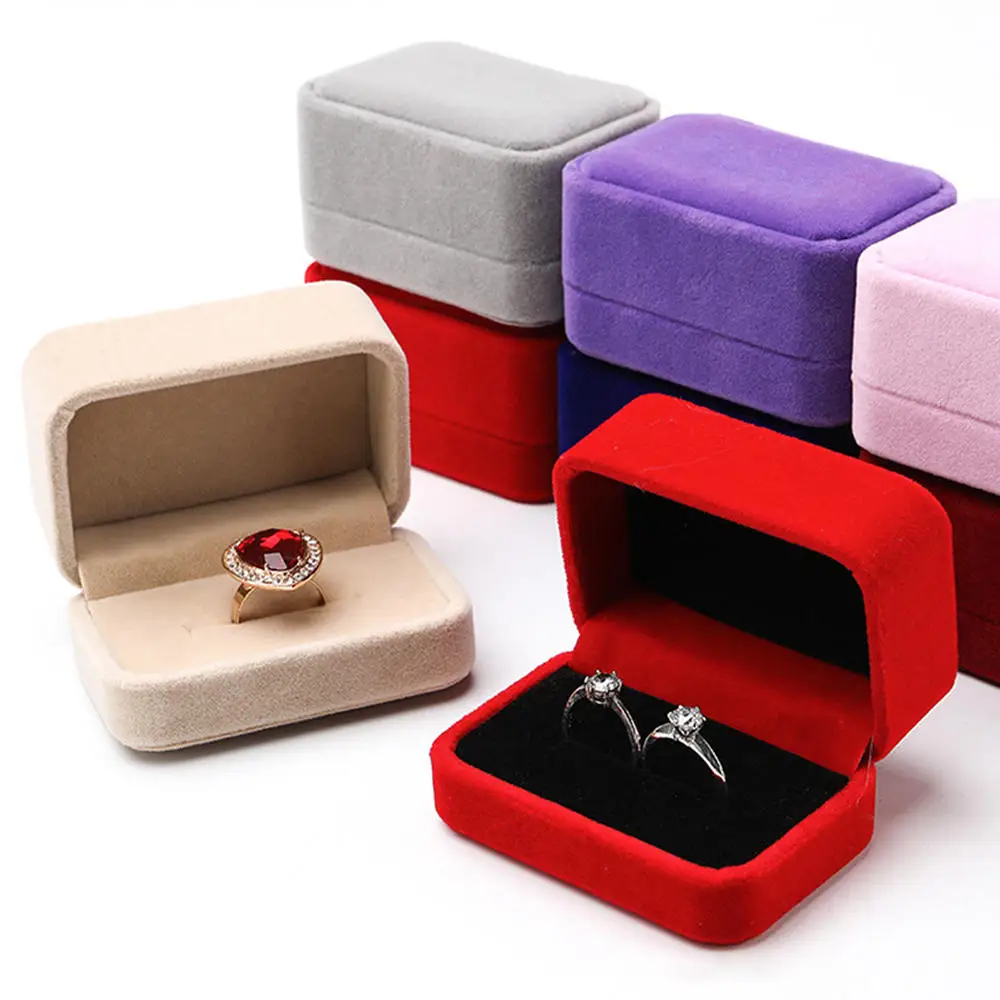 Velvet Ring Box Couple Double Ring Earrings Display Holder Case Proposal Engagement Wedding Marriage Anniversary Jewelry Packing