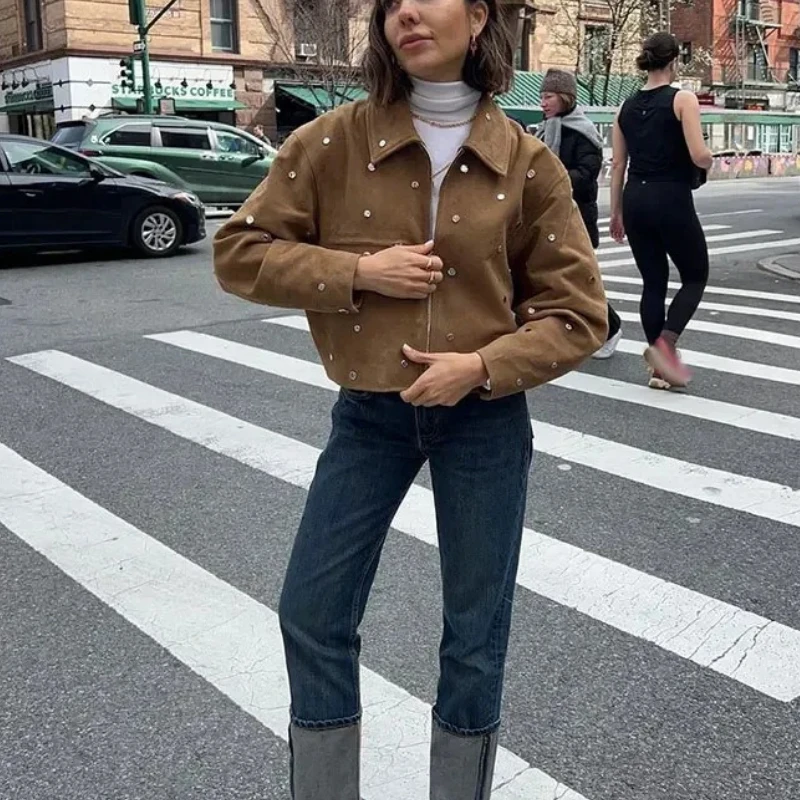

Luxury Jacket Studs Vintage Bomber Jacket Women's Cropped Top Long Sleeve Zipper Coat Design Outerwear Varsity Jacket Lapel New