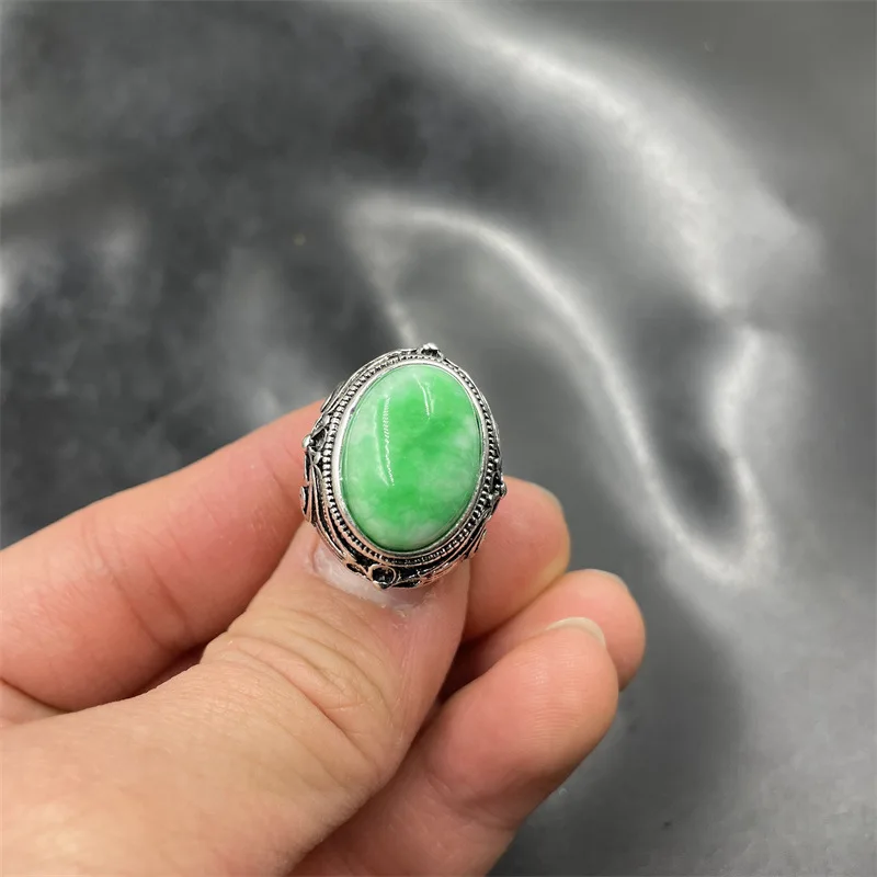 Tibetan Silver Inlaid White Background And Green Jade, Adjustable Size, Red Agate Ring With Black Band