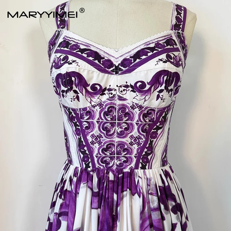MARYYIMEI カジュアルホリデースタイルの女性のドレススパゲッティストラップバックレスパープルバロックプリントビッグスイングコットンドレス