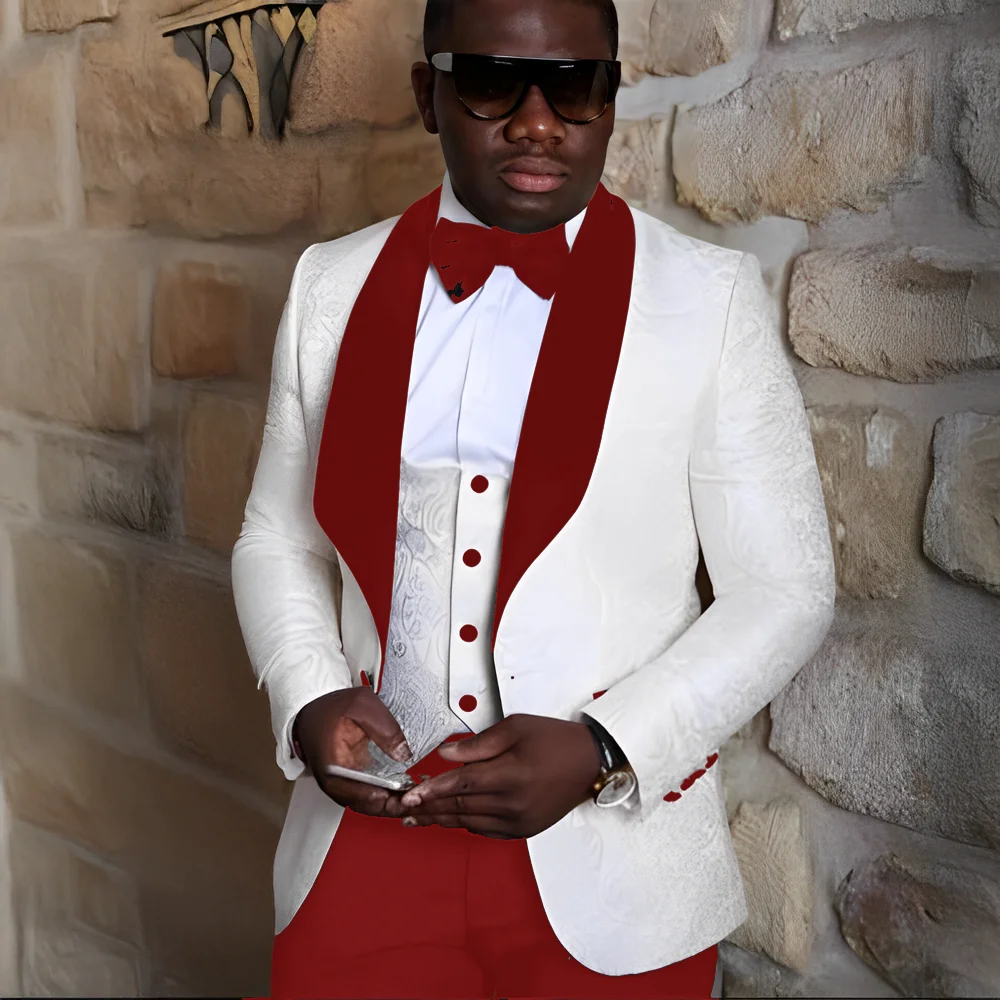 Men's Wedding Tuxedo White Jacquard Jacket Velvet Collar Blazer Pants Vest Three-piece Suit Formal Groom Suit