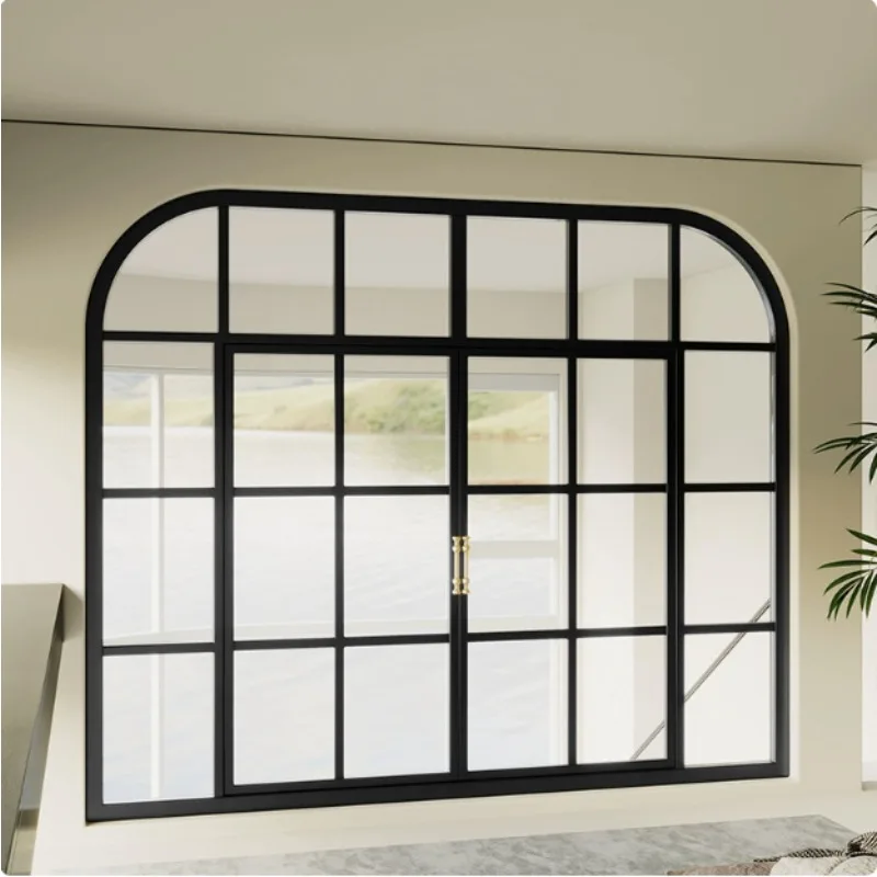 French retro arched window wrought iron, old bungalow art glass steel window indoor balcony pass door and window casement