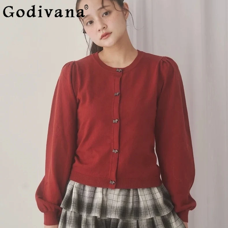 

2025 New Japanese Girls Sweet Red Knit Jacket Spring and Autumn New Women's Slim Fit Elegant Knit Coat Girl's Daily Casual Top