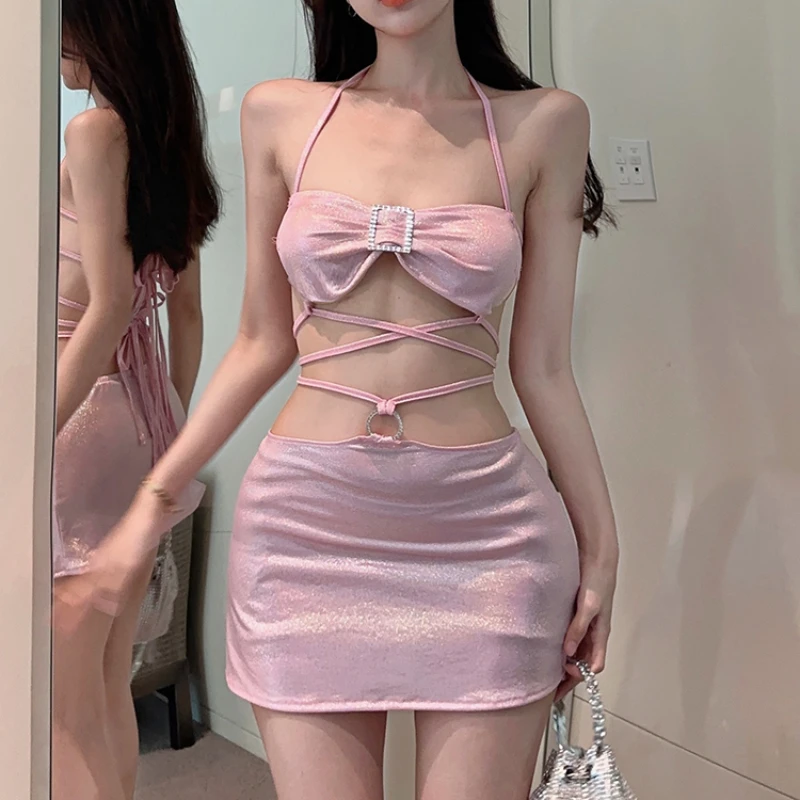 

Ladies Fashion Nightclub Bandage Navel Exposed Outfit Sexy Mini Dress for Women Clothes Female Girls Party Shiny Sling Dresses 2