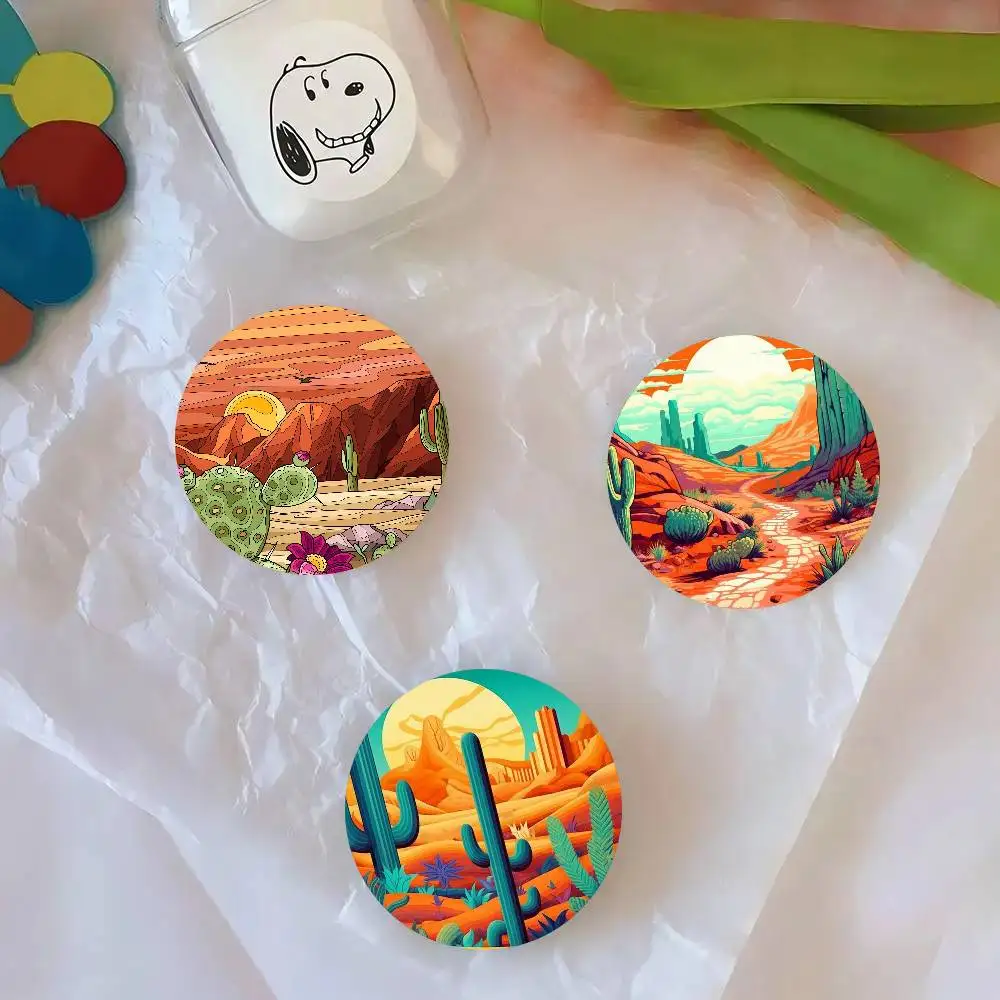 Cactus Sunset Cartoon Round Badge Lapel Pins For Backpacks Briefcase Laser Brooch Clothes Gifts