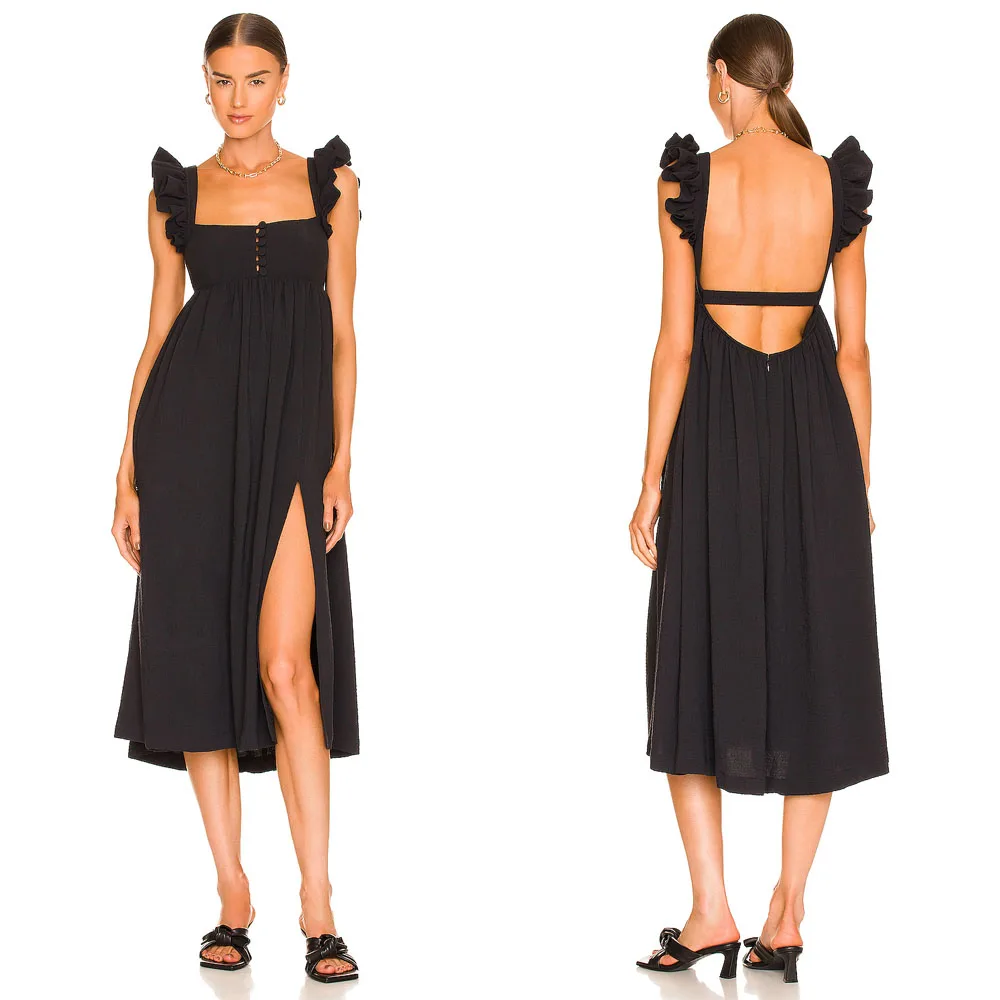 

Customized High Quality Backless Tea Length Sleeveless Button Zipper Black Wrinkle High Fork Strapless Evening Dresses Women