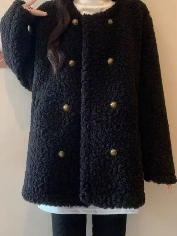 

Thiened Lamb Velvet ort Coat Casual Pure Color Double Row Buttons Warm Women's plus Size Jaet Korean Sle Commute