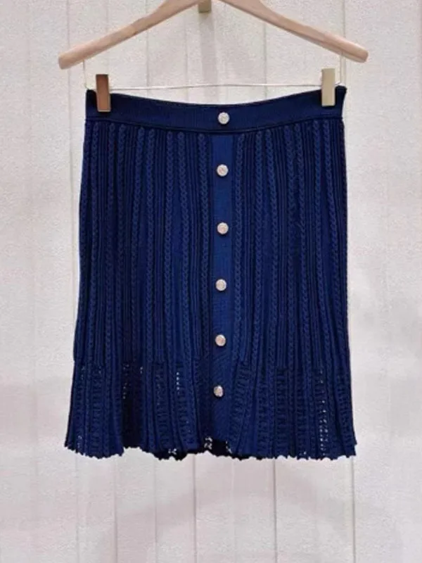 

Темно-синяя вязаная плиссированная юбка макси с вырезами для женщин, с высокой талией, для дома и повседневной носки, весна-лето, высокое качество