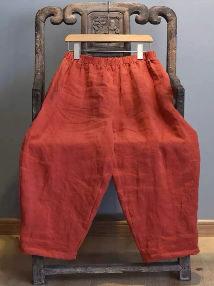 กางเกงฮาเร็มเอวยางยืดผ้าป่านสไตล์เรโทรสำหรับผู้หญิงไซส์ใหญ่ ทรงหลวม ปกปิดหุ่น สไตล์ลำลอง ผ้าลินิน กางเกงทรงแครอทเก้าส่วน สำหรับฤดูใบไม้ร่วง