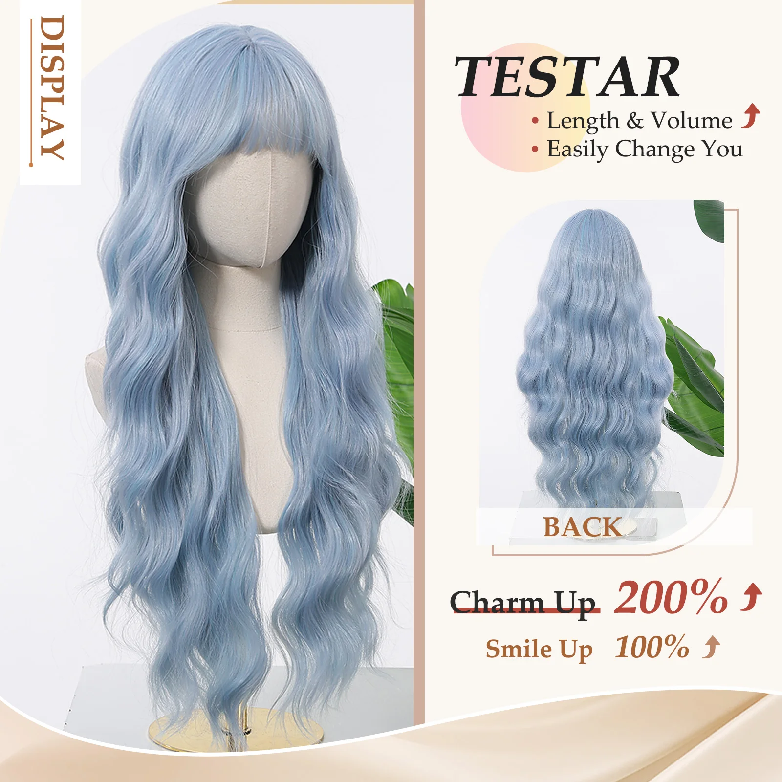 Allbell Magique Blue Hair Wig with Bangs Long Wavy Synthetic Wig Baby Blue Curly Wig for Women Daily Party Use Heat Resistant image 3