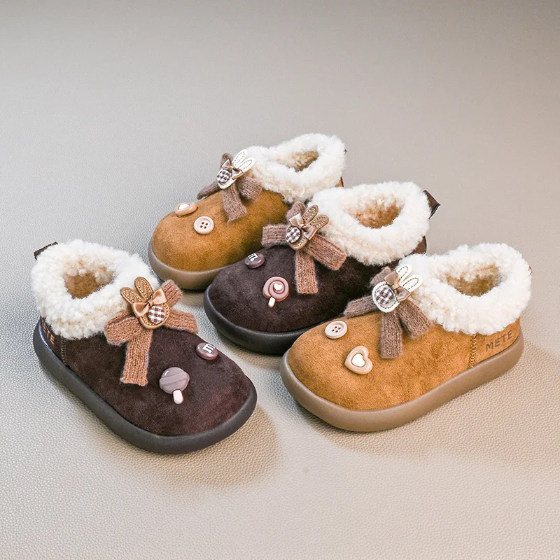 

Cute Girls Winter Cotton Shoes Warm Furry Sweet Bowknot Kids Causal Shoes Outdoor Soft Non-slip Children's Fashion Plush Shoes