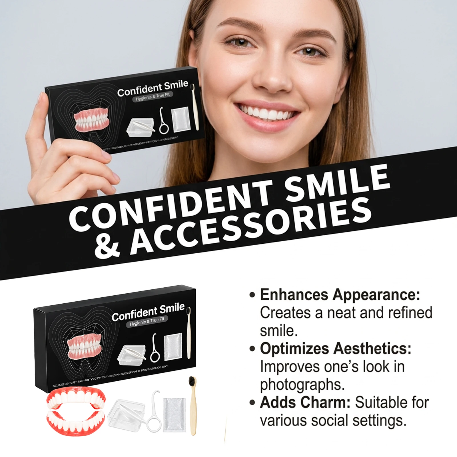 Denture Decoration Kit, Realistic Snug Fit Lightweight, Complete Accessories Portable Storage Oral Care Set, Comfortable All Day