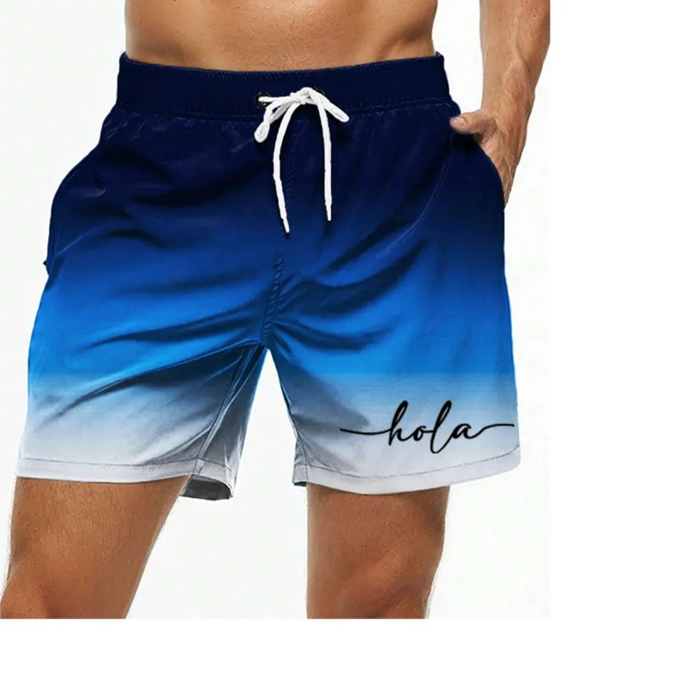 Fashion Letter Design Mens Print Shorts Summer Men's Swim Trunks Elastic Waist 3D Print ‘Hola’Graphics Gradient Breathable Short