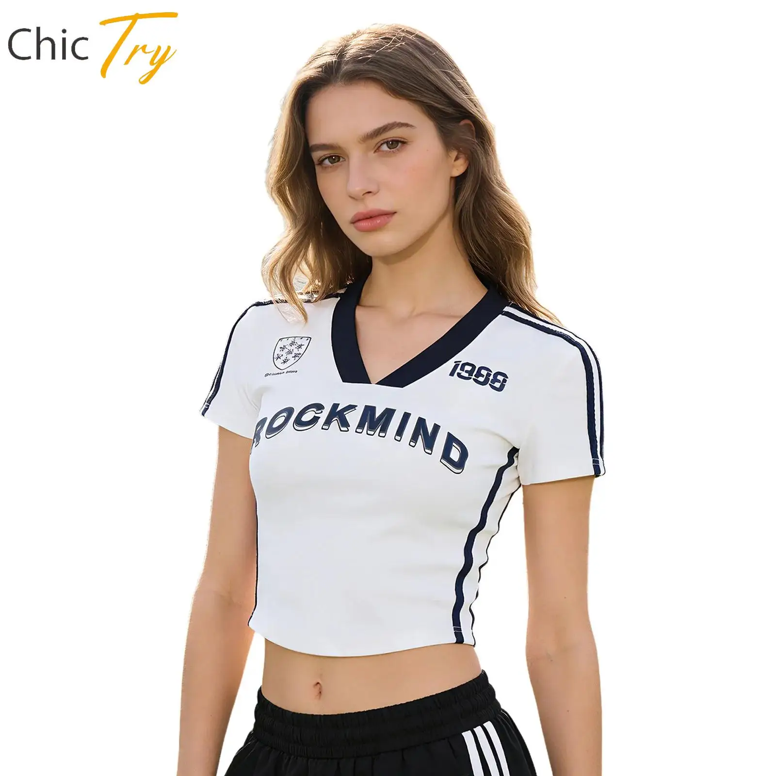 

Womens Gym Yoga Tops Beach Pool Party Costume Contrast Color Side Stripes Crop Top Short Sleeve T-shirt Curved Hem Sports Tops