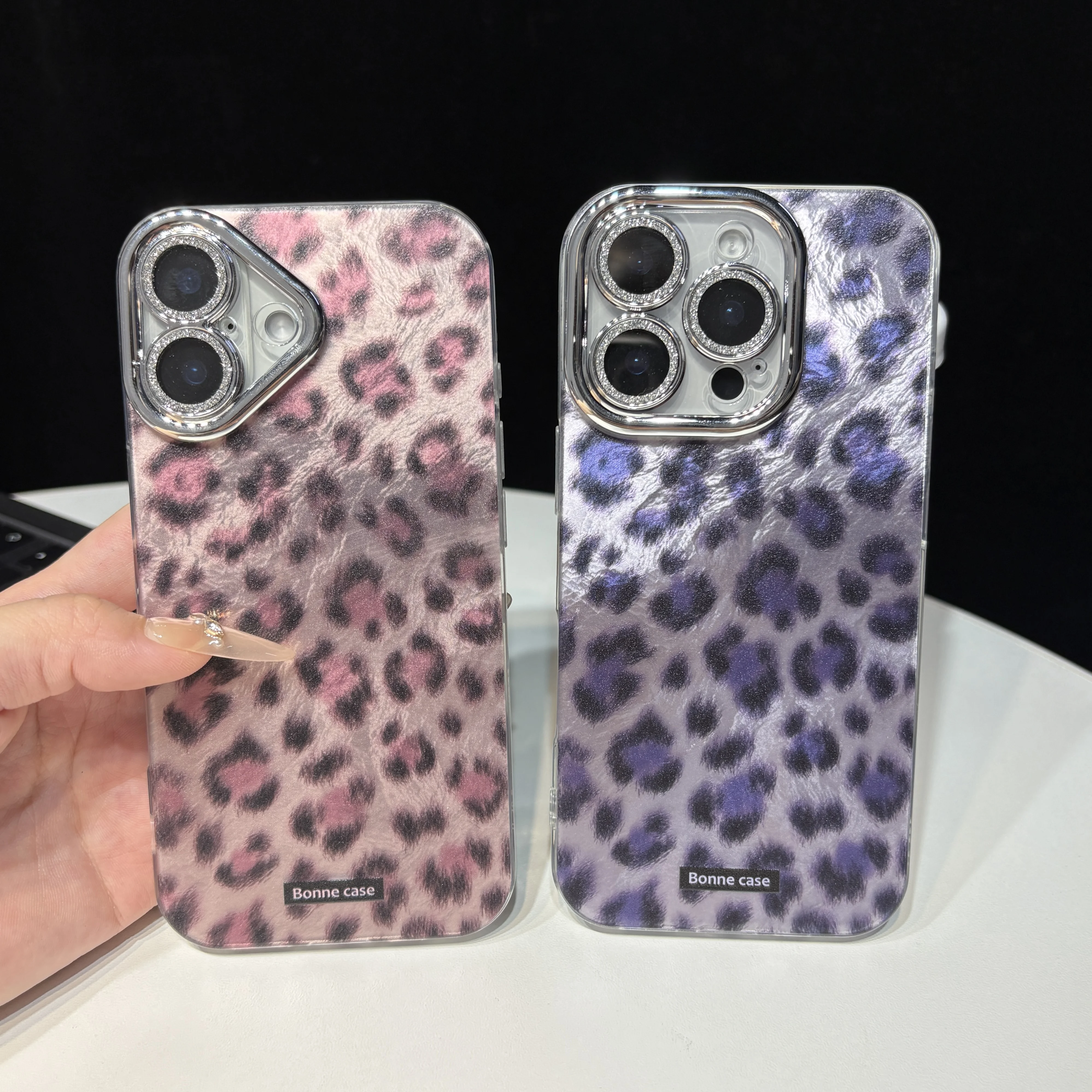 Pink Purple Fleck Leopard Print Glacial Streak with Glass Lens Protecto Cover Case for iPhone 11 12 13 14 15 16 17 Pro Max Air