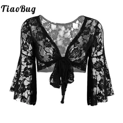 Womens Belly Dance Top Long Flare Sleeve Lace See-through Shrug Ballet Gymnastics Cover Up Cardigan Wraps Tops Dance Costumes