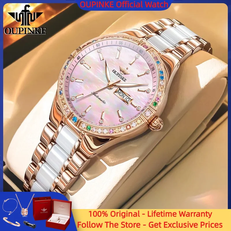 

OUPINKE 3283 Women Watch High Imported Luxury Women Automatic Mechanical Watch Brand Calendar Diamond Elegant Ceramic Bracelet