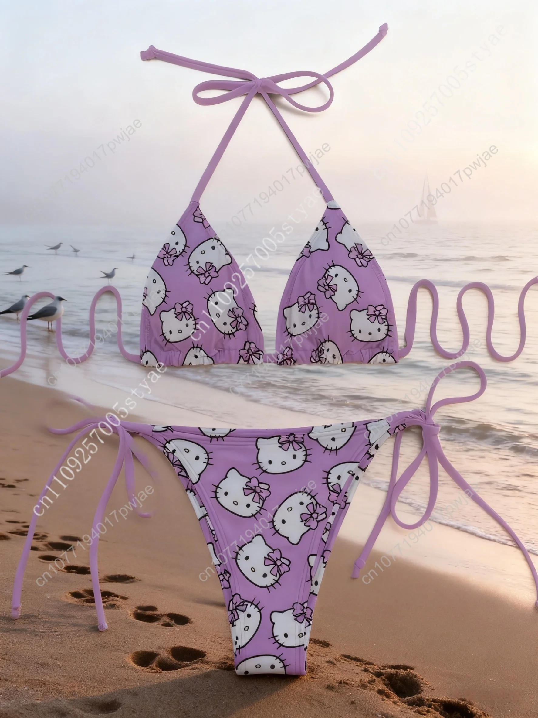 

Light Purple Tie-Up Hello Kitty Full Print Women'S Bikini with Triangle Cups, Officially Licensed by Sanrio