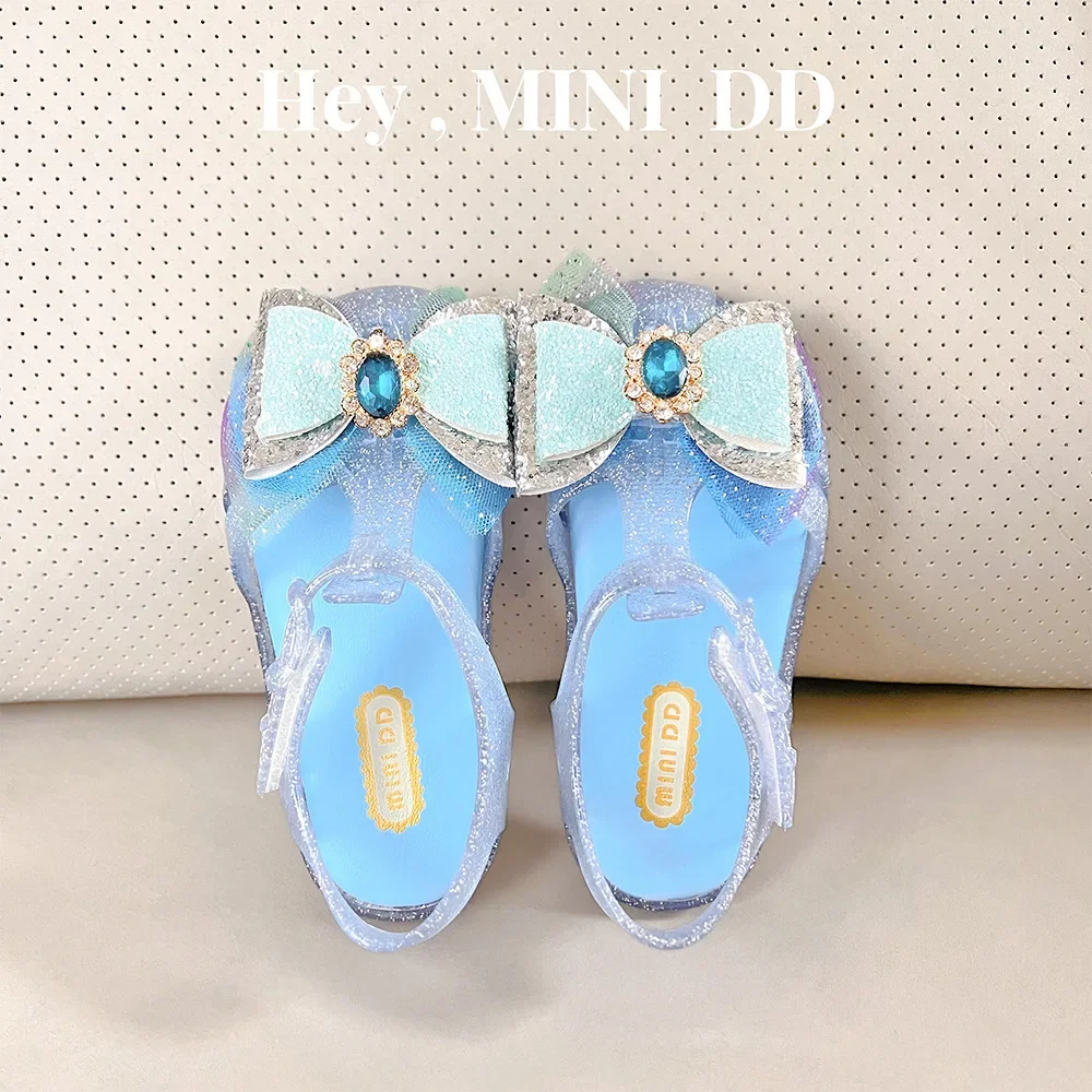 

2024 Summer New Girls' Soft Sole Princess Sandals Crystal Bow Baby Jelly Sandals Non Slip Kids Causal Beach Shoes