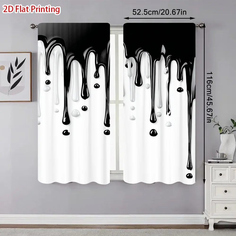 Abstract Black White Paint Drip Curtain, Modern Liquid Ink Splash Print Drape, Gothic Style Window Treatment for Living Room
