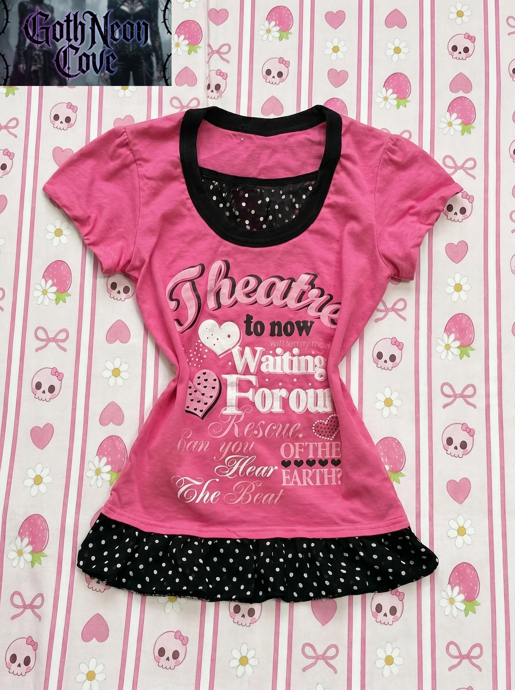 American Summer Pastel Goth Casual T Shirt Women's Short Sleeve Crew Neck Letter Printed Polka Dot Top Subculture Y2K Punk Shirt