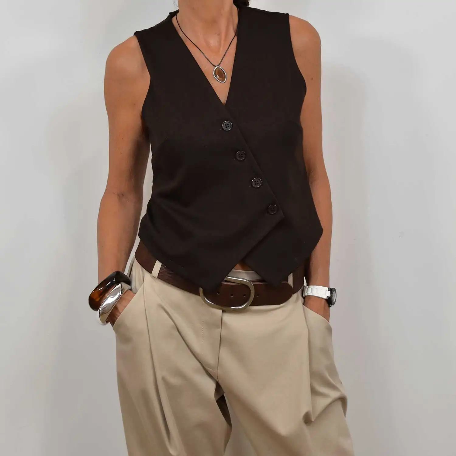 Women Button-up Vest Jacket Solid V Neck Sleeveless Waistcoat Trendy Tank Tops for Daily Office Party