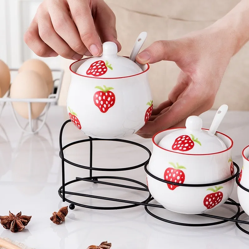 Korean Cartoon Strawberry Ceramic Condiment Jar Set Creative Salt Pepper Shaker 3-piece Set Ceramic Base Home MSG Sugar Storage 4