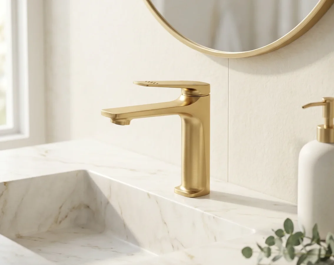 

Modern Brushed Gold Bathroom Sink Faucet | Hot/Cold Water Mixer Tap, Short And Hight Finishes Available