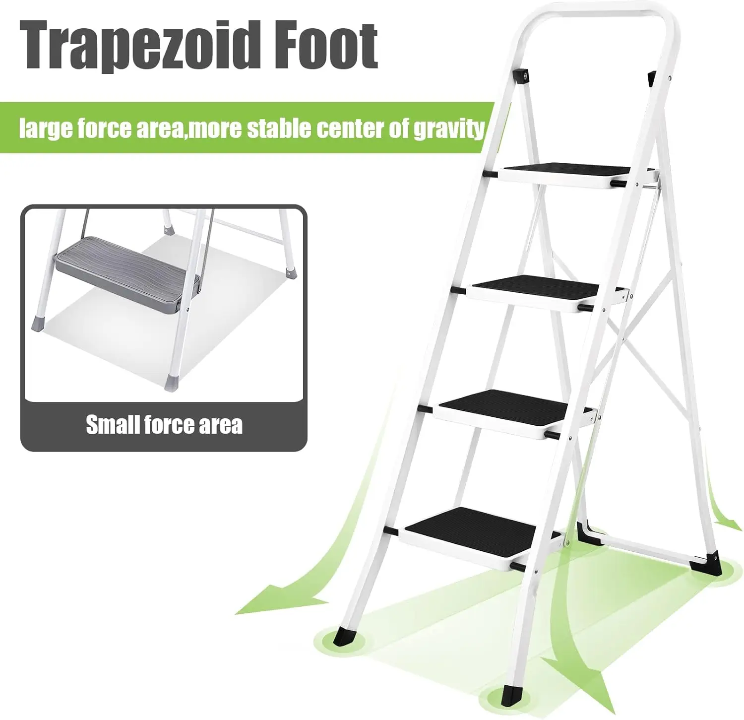 Anti-Slip Pedal, Lightweight 4 Step Ladder with Handrails, 330 lbs Capacity Perfect for Kitchen & Household, White