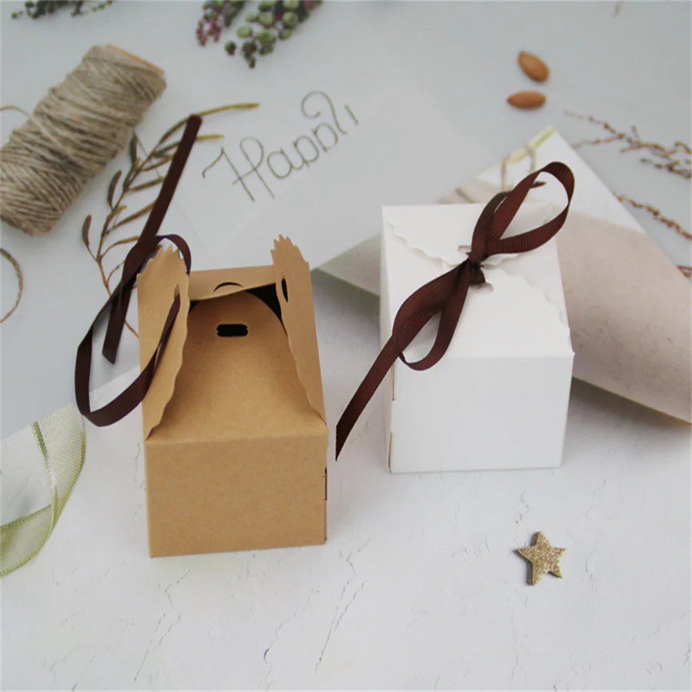 Kraft Paper Box With Ribbon Wedding Wave Pattern Favor Gift Box Packaging Bag Baby Shower Wedding Birthday Party Supplies 2023