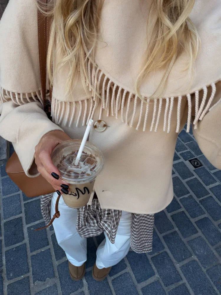 Women's Fringed Shawl Collar Cropped Faux Wool-blend Coat Full Sleeve Single-breasted Short Overcoat  Autumn Casual Chic Outfits