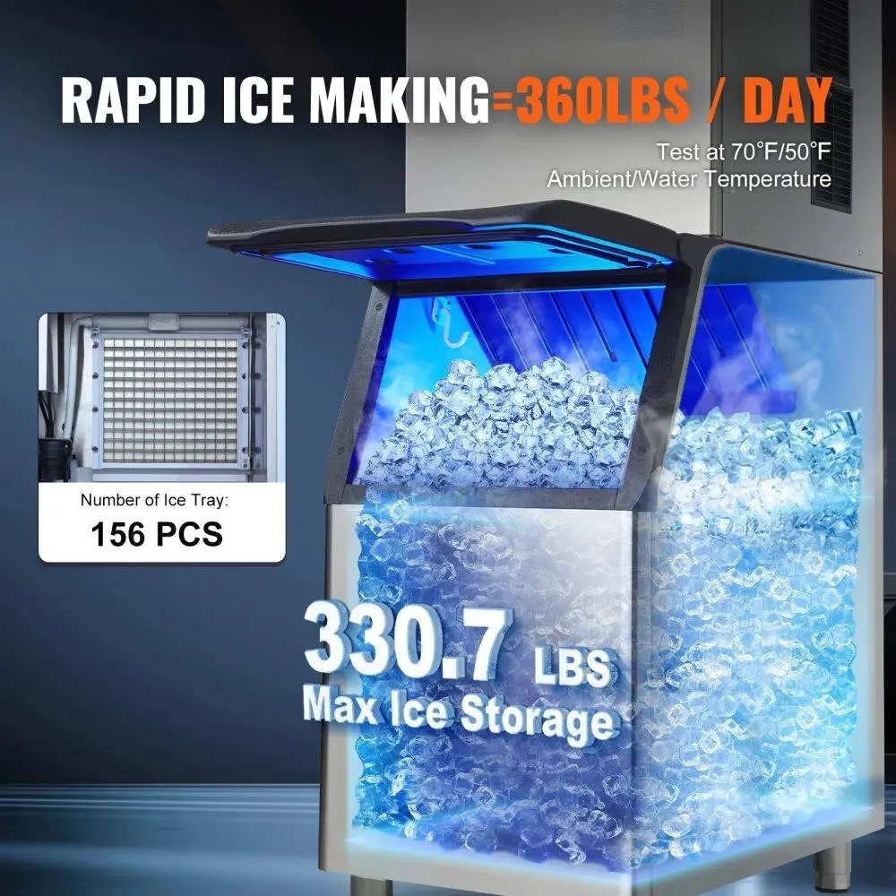 High Capacity 360LBS Ice Maker Machine with 330.7LBS Storage Bin 700W Auto Clean Ice Machine for bar Cafe Restaurant Use
