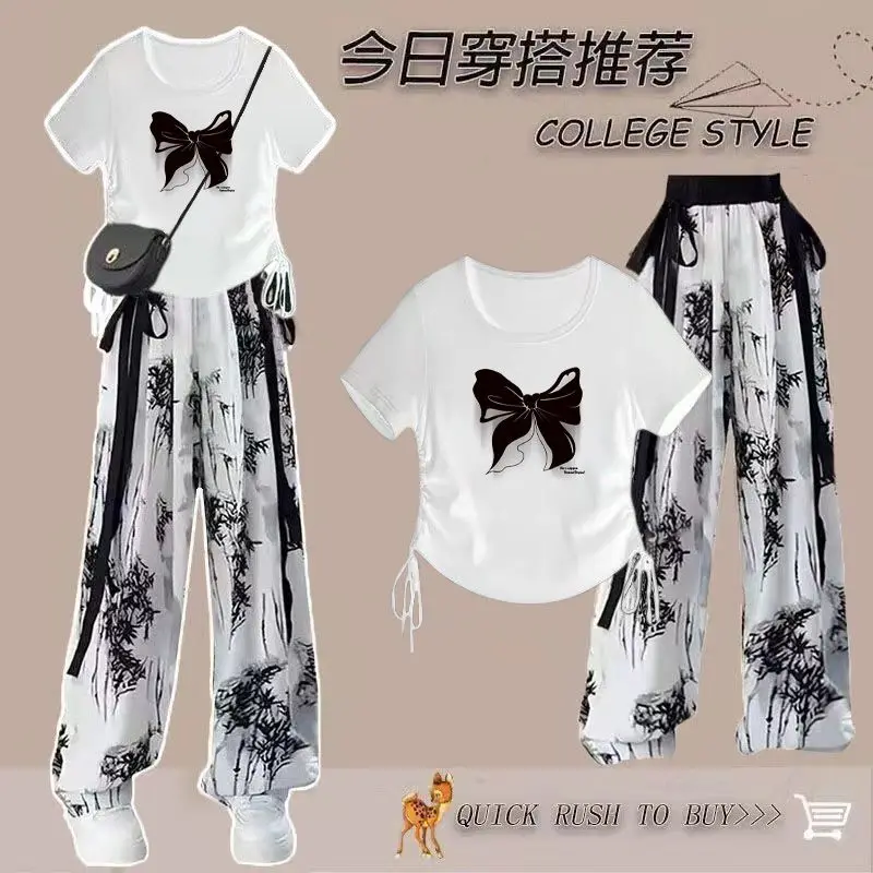 

Summer Set 2026 Tight Casual Drawstring Printed T-shirt Chinese Style Ink Painting Ice Silk Pants for Women