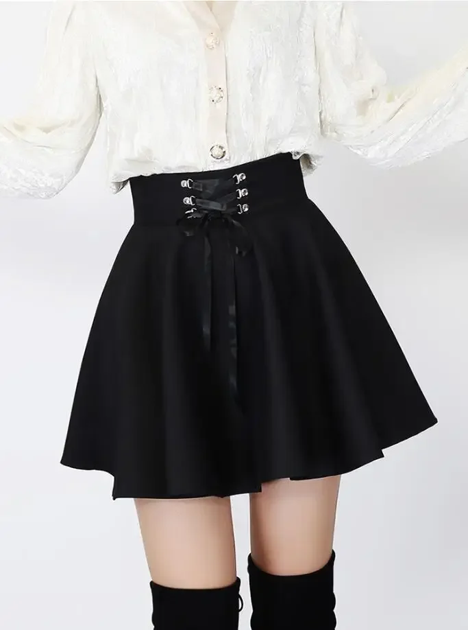 

Harajuku Punk High Waisted Lace-Up Skirt, Sexy A-shaped Pleated Skirt, Charming Plus Size, Black and White, Autumn and Winter