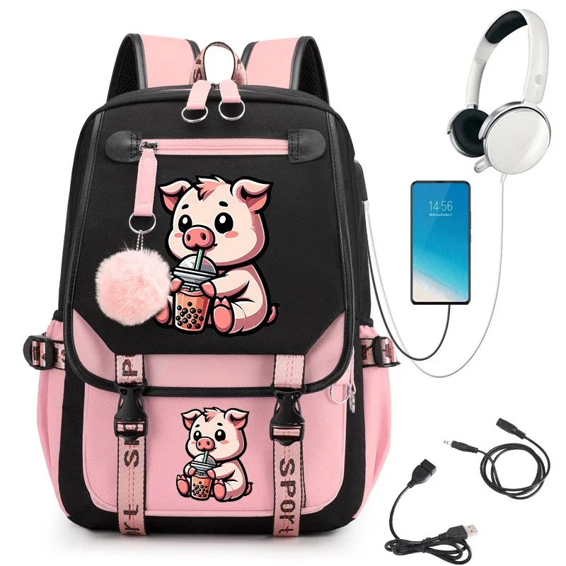 Mochila escolar para niña, mochila escolar para niño y adolescente, mochila primaria, Mini cerdo, mascota, té de burbujas, mochila escolar bonita Kawaii
