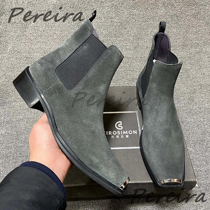 Men's Suede Leather Metal Toe Chelsea Boots British Retro Solid Color Med Heel Ankle Boots Autumn Winter New Cowhide Male Shoes
