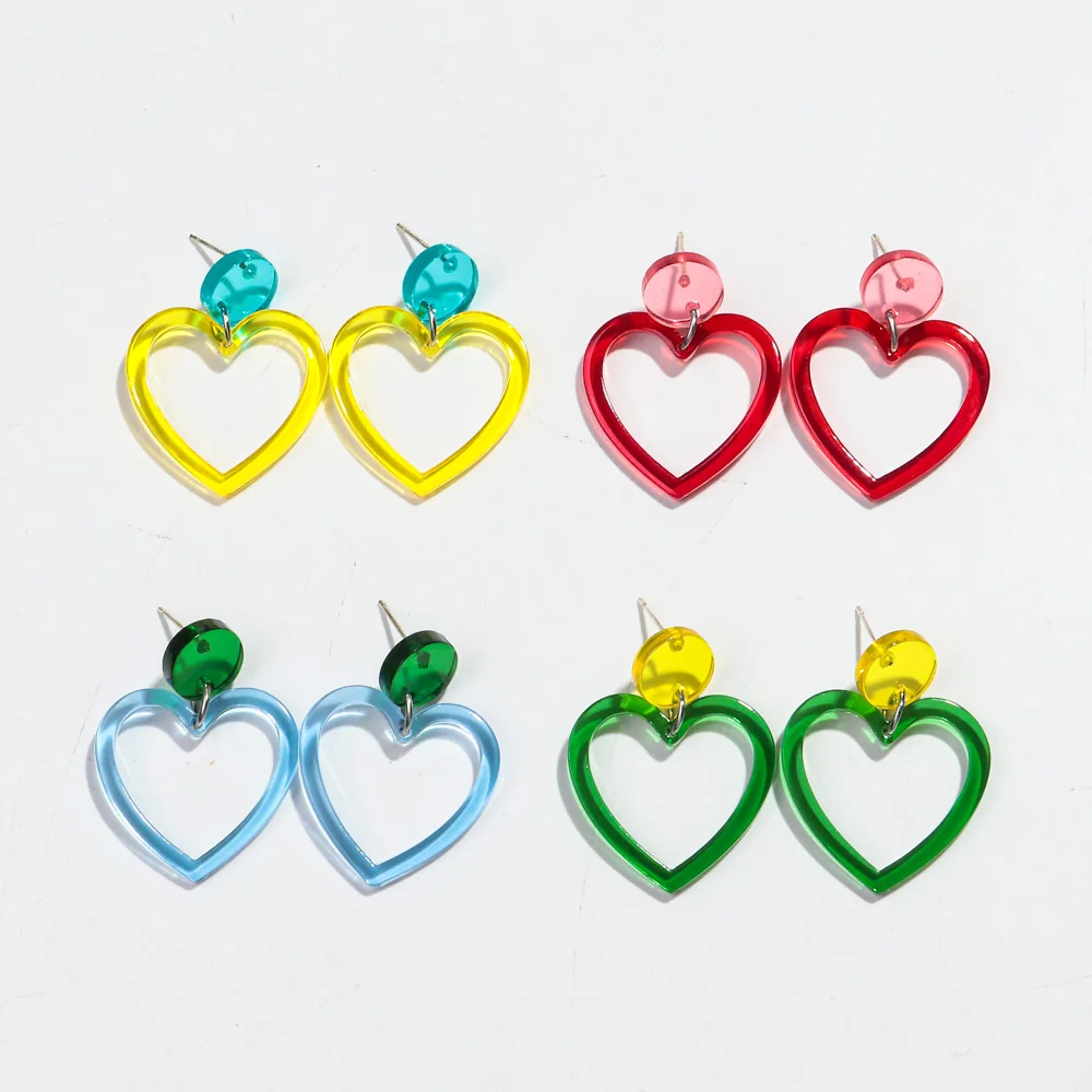 New Fashion Acrylic Clear Colorful Heart Drop Earring for Women Neon Color Geometric Heart Shape Earrings 2024 Party Jewelry