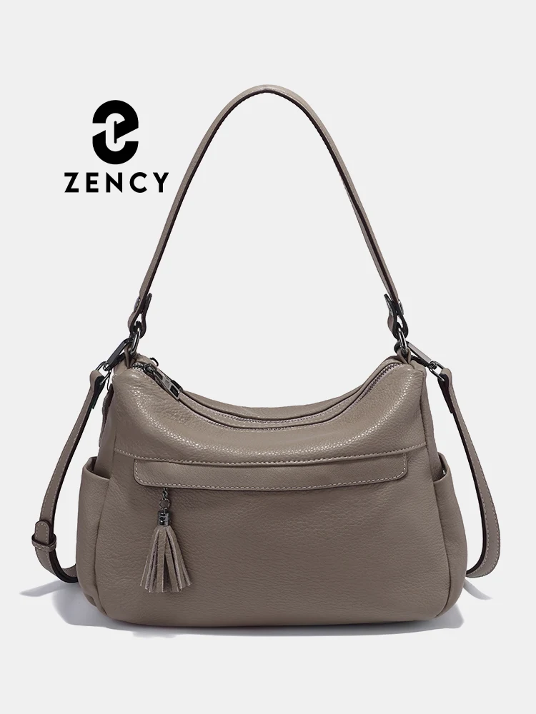 Bolso Zency gris oscuro, bolso de hombro Hobo suave de cuero genuino 100%, bolso de mujer, bolso cruzado de moda con borlas, bolso de diseñador para