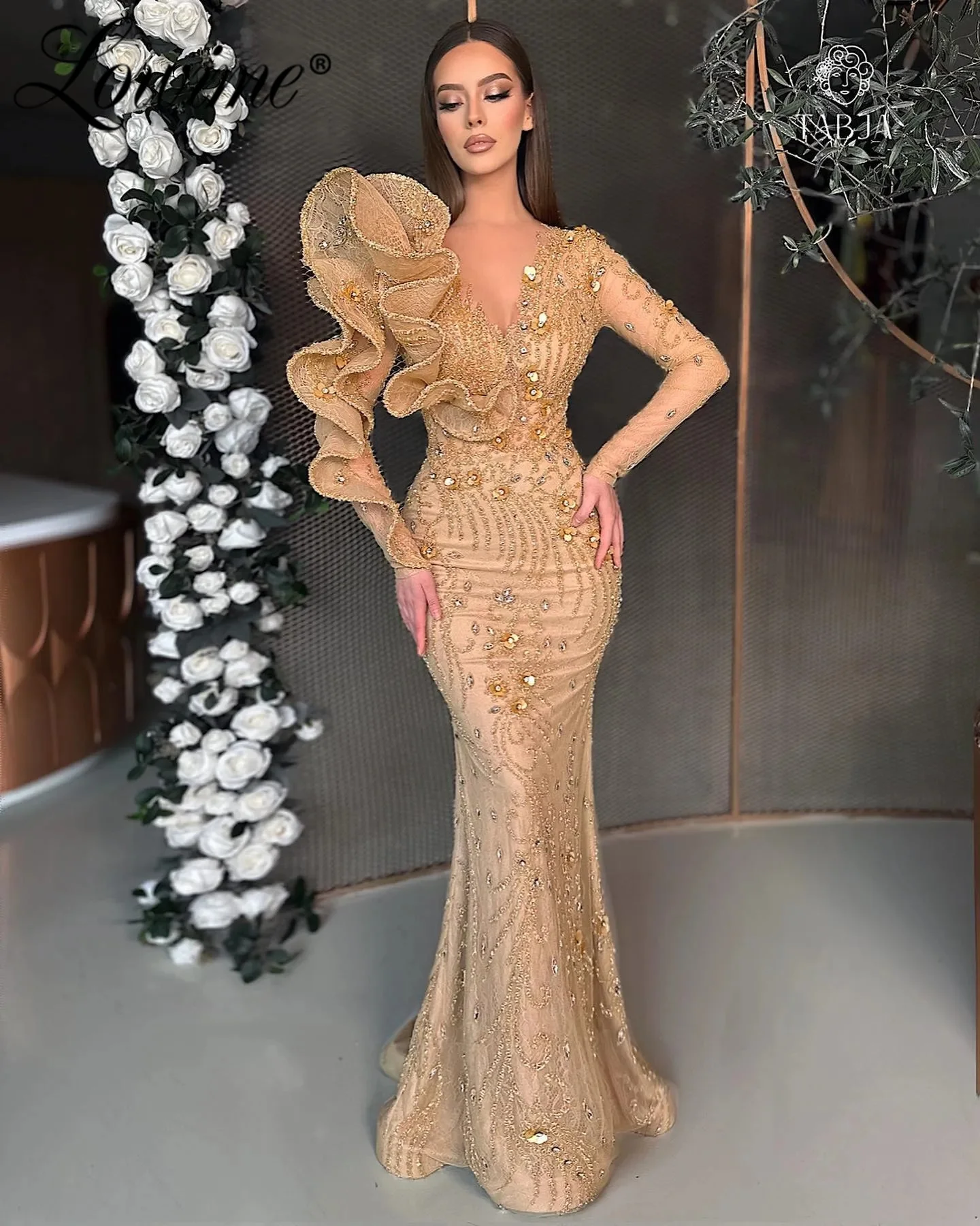 Vintage Ruffles Lace Party Dresses Arabic Deep Champagne Long Sleeves Evening Gowns Women Mermaid Plus Size Crystals Prom Dress