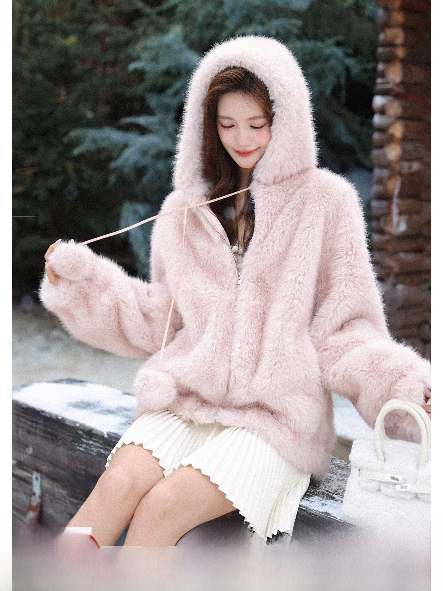 

Eco-Friendly Fur Simulation Hooded Jaet Women's New Sle Gentle Wind Sle ort Outerwear Polyester Fiber Long Sve
