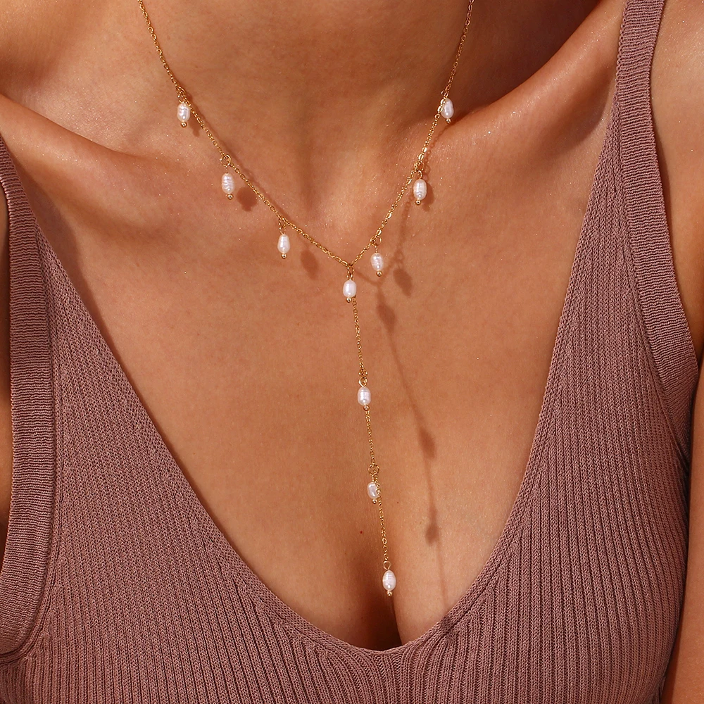 E. b. Belle Süßwasser perle Quaste y-förmige Schlüsselbein Halsketten Luxus Edelstahl Schmuck am Hals Accessoires für Frauen – Detail 6
