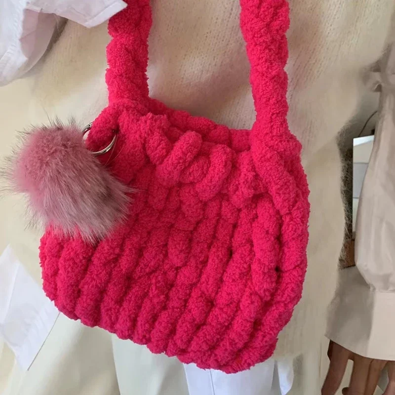 

2023 Thick Wool Hand Woven Women's Handbag Original Korea New Ultra Candy Color Casual Large Capacity Fur Wallets for Women