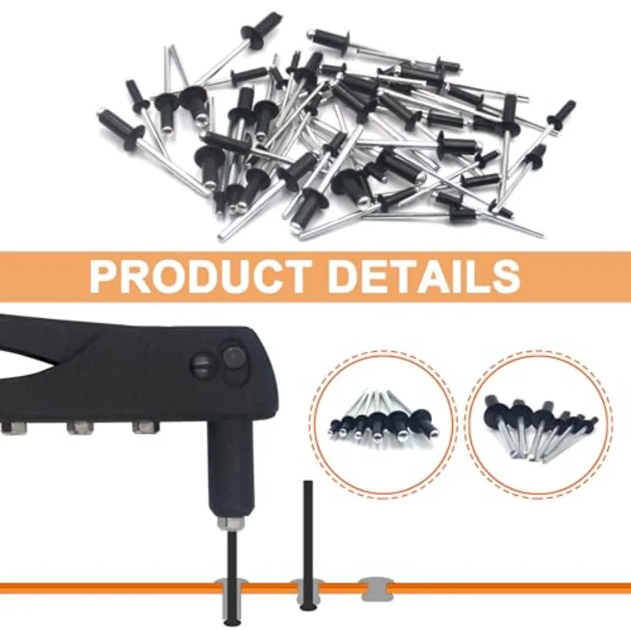 225pcs Black Aluminum Blind Rivets Assortment Kit with Heavy Duty Hand Riveter Rivet Gun Tool for Automotive Repair DI